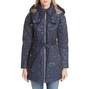 Burberry Baughton Navy Belted Hooded Quilted Coat